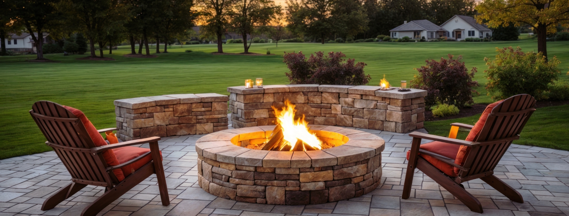 A beautiful uni-stone patio and custom fireplace by landscaping company West Island Valleycat Landscaping
